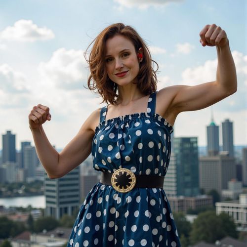 Showcase image for Superhero - Prompt: a photo of me WOMAN in a dynamic superhero pose, half body shot, with a city skyline in the background. WOMAN looking powerful.