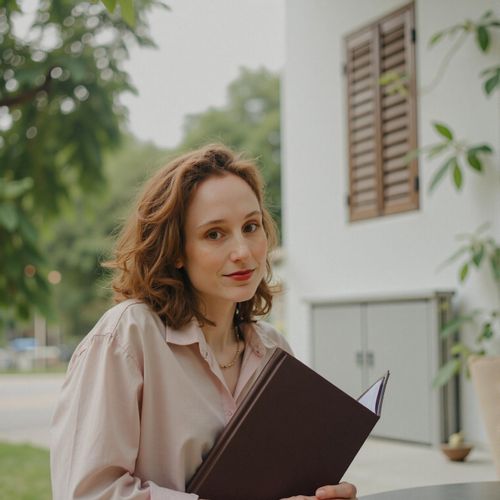 Showcase image for Yearbook - Prompt: a photo of me WOMAN with a book subtly in hand, medium close-up, academic achiever yearbook photo. WOMAN looking intelligent and focused.