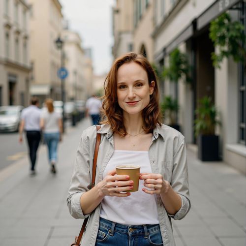 Showcase image for Coffee Run - Prompt: a photo of me WOMAN holding a coffee cup, medium close-up shot, walking down the street with a smile. WOMAN looking casual yet chic.