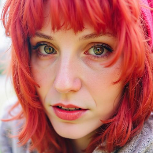 Showcase image for Cosplay - Prompt: a photo of me WOMAN with vibrant, unnaturally colored hair and large expressive eyes, close-up. WOMAN looking like an anime protagonist.