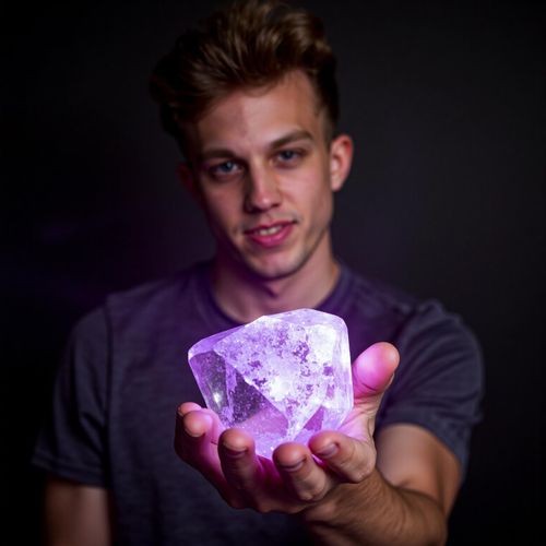 Showcase image for Mystical & Esoteric - Prompt: a photo of me MAN holding a glowing crystal, close-up, with a look of wonder. MAN with a magical aura.