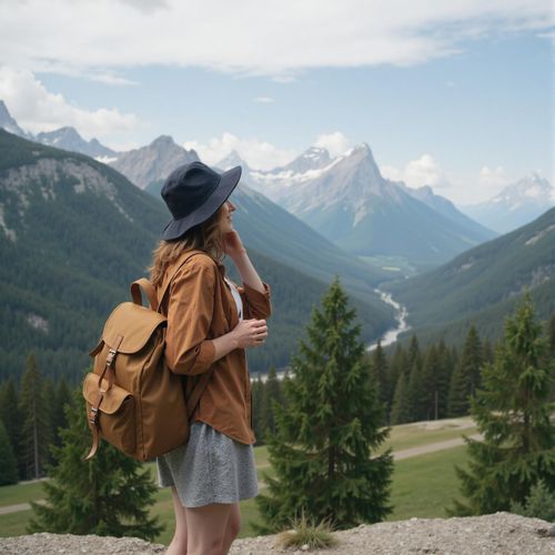 Showcase image for Travel & Digital Nomad - Prompt: a photo of me WOMAN with a backpack looking out over a mountain range, half body shot. WOMAN looking adventurous and free.