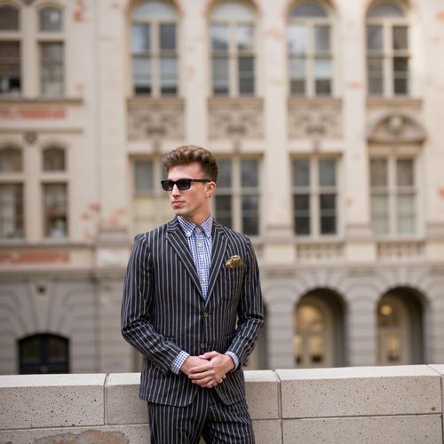 a photo of me MAN in a couture outfit, medium shot, against a backdrop of a grand building. MAN looking like a fashion icon.