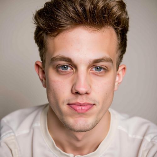 Showcase image for Natural & Real - Prompt: a photo of me MAN, natural actor headshot, medium close-up, minimal makeup, simple t-shirt, showing true essence. MAN looking directly at camera, honest expression.