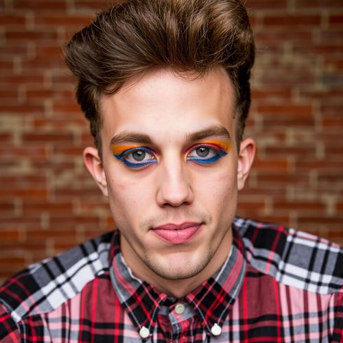 a photo of me MAN with striking, colourful makeup, close-up beauty shot, highlighting expressive eyes. MAN looking bold and confident.
