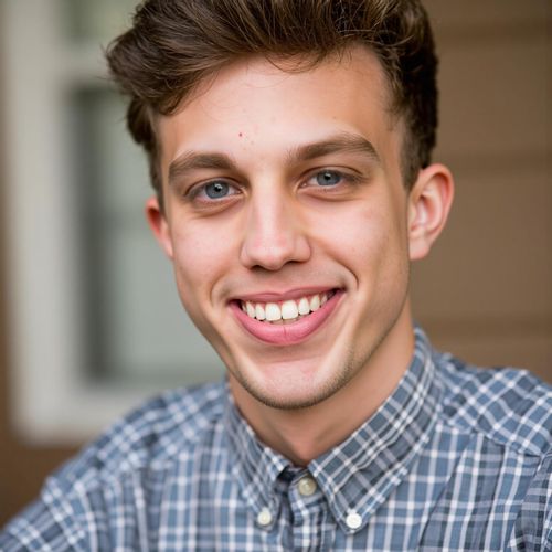 a photo of me MAN with a big, genuine smile, close-up yearbook headshot, capturing a joyful expression. MAN eyes sparkling with happiness.
