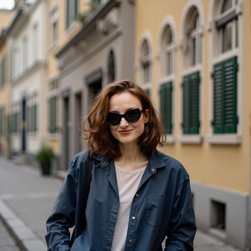 Showcase image for Candid Street Style - Prompt: a photo of me WOMAN as a celebrity spotted in candid street style, medium shot, wearing oversized sunglasses and a fashionable casual outfit, city street background. WOMAN looking effortlessly cool.