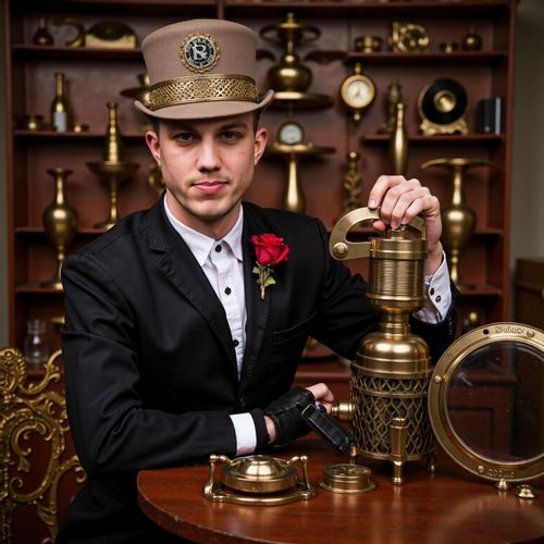 Showcase image for Steampunk - Prompt: a photo of me MAN as a steampunk inventor, half body shot, surrounded by brass gadgets and gizmos. MAN looking brilliant.