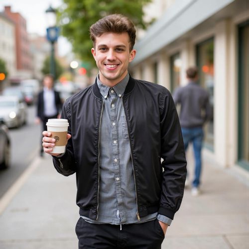Showcase image for Coffee Run - Prompt: a photo of me MAN holding a coffee cup, medium close-up shot, walking down the street with a smile. MAN looking casual yet chic.