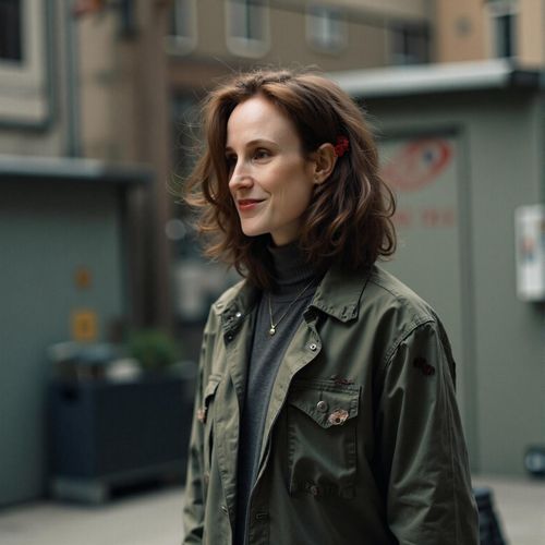 Showcase image for High-Tech Low-Life - Prompt: a photo of me WOMAN in worn, but stylish futuristic clothes, half body shot, in a gritty, urban environment. WOMAN looking like a survivor.