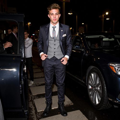 Showcase image for VIP Event Arrival - Prompt: a photo of me MAN as a celebrity arriving at a VIP event, medium shot, stepping out of a luxury car (door visible), looking glamorous. MAN greeted by implied flashes.