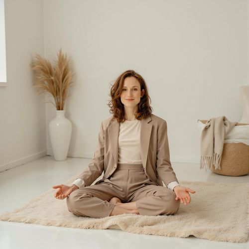 Showcase image for Meditation & Peace - Prompt: a photo of me WOMAN meditating in a peaceful, minimalist room, half body shot. WOMAN with a serene expression.