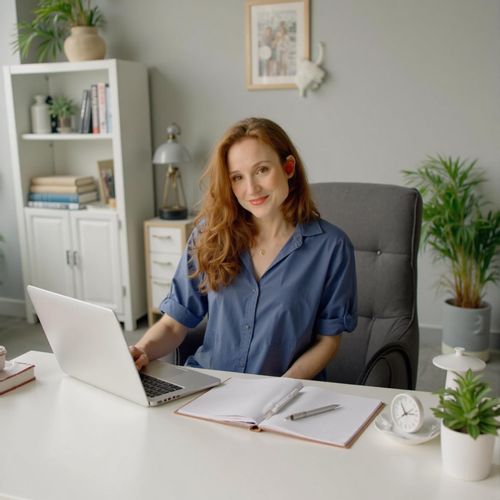 Showcase image for My Desk Shot - Prompt: a photo of me WOMAN seated at their clean, organized desk, medium shot, looking directly at the camera. WOMAN looking focused and efficient.
