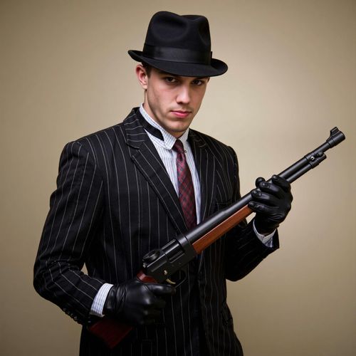 Showcase image for Vintage Gangster - Prompt: a photo of me MAN as a 1920s Prohibition-era gangster, medium shot, pinstripe suit, fedora, Thompson submachine gun prop (stylized, not overly realistic). MAN looking like a classic movie mobster.