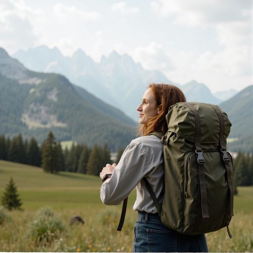 a photo of me WOMAN with a backpack looking out over a mountain range, half body shot. WOMAN looking adventurous and free.