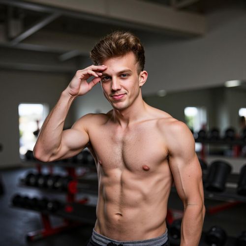 Showcase image for Fitness Fanatic - Prompt: a photo of me MAN looking energized post-workout at the gym, medium shot, looking accomplished. MAN wiping sweat, looking accomplished.