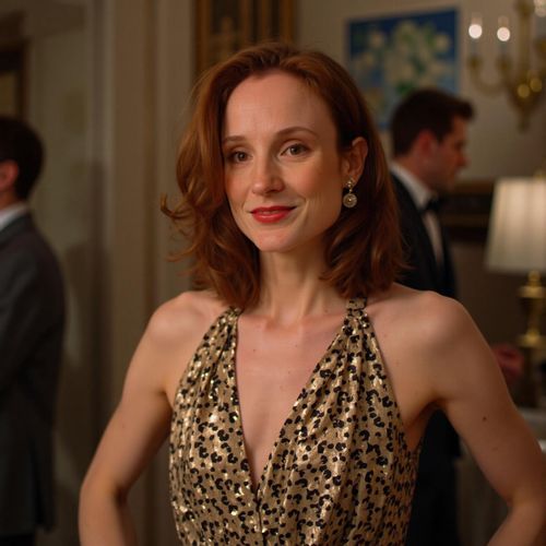 Showcase image for VIP Party Vibe - Prompt: a photo of me WOMAN dressed in their most glamorous attire for a VIP party, medium shot, with a background of opulent decor (blurred). WOMAN looking like a star.