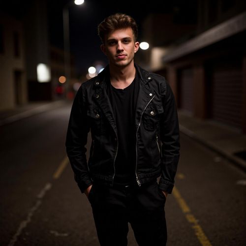 a photo of me MAN in an edgy, dark outfit, medium shot, against a gritty urban night scene with streetlights. MAN looking mysterious and cool.
