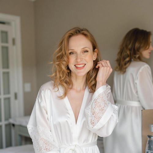 Showcase image for Bridal Bliss - Prompt: a photo of me WOMAN in a white silk and lace bridal robe, half body shot, getting ready moments. WOMAN looking excited and happy.