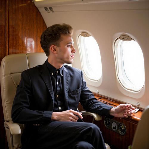 a photo of me MAN inside a luxurious private jet, half body shot, looking out the window with a contemplative smile. MAN exuding effortless success.