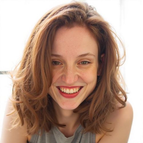 Showcase image for Comedic Shot - Prompt: a photo of me WOMAN, comedic actor headshot, medium close-up, with a wide, infectious laugh, bright lighting. WOMAN looking genuinely amused.