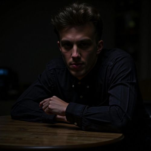 a photo of me MAN in a dimly lit backroom, medium shot, leaning over a table as if in a secret negotiation, film noir style. MAN with a serious, calculating expression.