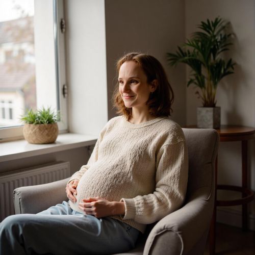Showcase image for Cozy at Home - Prompt: a photo of me WOMAN, pregnant, in a cozy sweater, half body shot, sitting in a comfy chair by a window. she is looking content.