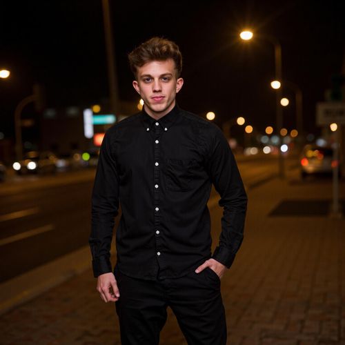 a photo of me MAN in an edgy, dark outfit, medium shot, against a gritty urban night scene with streetlights. MAN looking mysterious and cool.