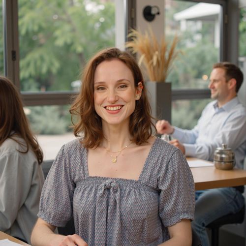 Showcase image for Engaging The Audience - Prompt: a photo of me WOMAN as a keynote speaker, medium shot, smiling warmly at the (implied) audience, open and inviting posture. WOMAN looking approachable.