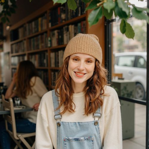 Showcase image for Profile Perfect - Prompt: a photo of me WOMAN with a genuine smile, medium shot, casual outfit, interesting hobby in background (e.g., bookstore, park). WOMAN looking friendly at the camera.
