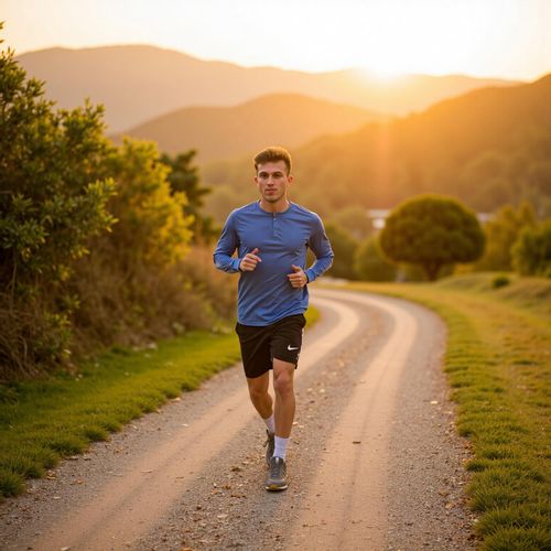 Showcase image for Outdoor Fitness - Prompt: a photo of me MAN jogging on a scenic trail at sunrise, medium shot, beautiful natural light. MAN looking refreshed and active.