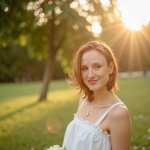 Showcase image for Golden Hour Romance - Prompt: a photo of me WOMAN in a romantic pre-wedding style, half body shot, bathed in golden hour sunlight in a beautiful park. WOMAN looking lovingly off-camera.