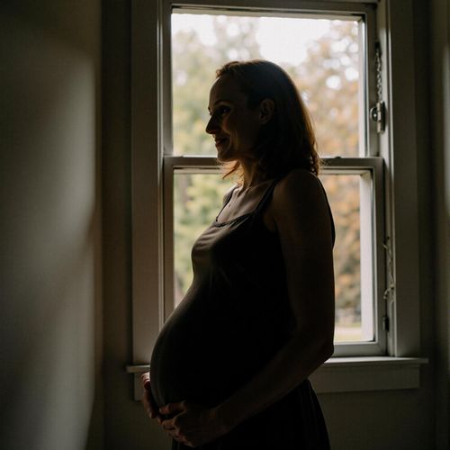 Showcase image for Elegant Silhouette - Prompt: a silhouette of me WOMAN, pregnant, against a bright window, half body shot. the shape of her body is the focus.