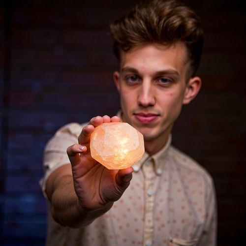 Showcase image for Mystical & Esoteric - Prompt: a photo of me MAN holding a glowing crystal, close-up, with a look of wonder. MAN with a magical aura.