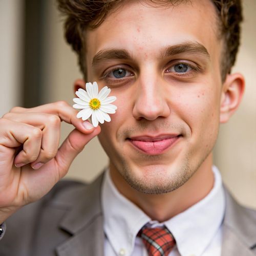 Showcase image for Elegant Details - Prompt: a photo of MAN on their wedding day, close-up, holding a single perfect flower near their face, soft lighting. MAN with a gentle, happy expression.