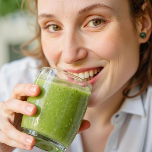 Showcase image for Healthy Lifestyle - Prompt: a photo of me WOMAN drinking a healthy green smoothie, close-up, looking vibrant and healthy. WOMAN with a happy smile.