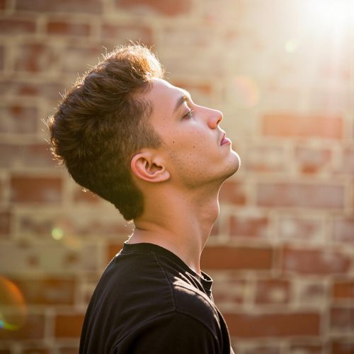 Showcase image for Nature Connection - Prompt: a photo of me MAN with their face turned towards the sun, eyes closed, half body shot. MAN absorbing the light.