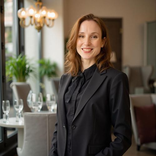 Showcase image for Luxury Properties - Prompt: a photo of me WOMAN, luxury real estate agent headshot, medium shot, wearing elegant, high-end business attire, in a very upscale interior setting (blurred). WOMAN looking sophisticated.