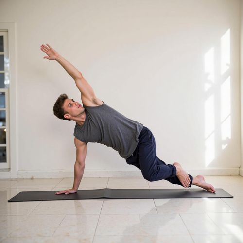 Showcase image for Yoga & Body - Prompt: a photo of me MAN in a graceful yoga pose, medium shot, in a beautiful, light-filled studio. MAN looking strong and flexible.
