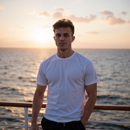 a photo of me MAN on the deck of a superyacht, medium shot, with a beautiful ocean backdrop at sunset. MAN looking serene and wealthy.