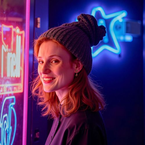 Showcase image for Neon Glow - Prompt: a photo of me WOMAN bathed in the vibrant glow of neon lights, medium close-up, stylish outfit, reflecting a futuristic nightlife feel. WOMAN looking cool and modern.