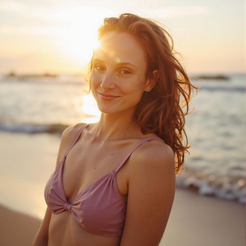 Showcase image for Sunset Bikini - Prompt: a photo of me WOMAN in a stylish bikini on the beach at sunset, medium shot, emphasizing the stylish bikini, confident pose, wet look, golden hour lighting, ocean backdrop with gentle waves. WOMAN looking at the camera, subtle smile.