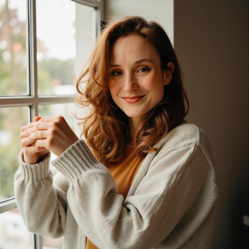 Showcase image for Casual Sweethearts - Prompt: a photo of me WOMAN in cozy, casual outfits, medium close-up, pre-wedding at-home style (e.g. by a window). WOMAN with a soft, loving smile.