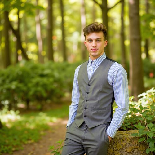 Showcase image for Nature's Embrace - Prompt: a photo of me MAN in a beautiful forest setting, half body shot, pre-wedding style, dappled sunlight through trees. MAN looking serene and happy.