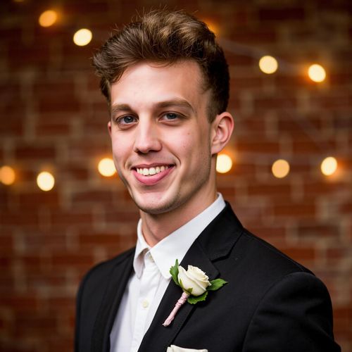 Showcase image for Joyful Celebration - Prompt: a photo of me MAN on their wedding day, medium shot, with a radiant, joyful smile, surrounded by soft, celebratory lights (blurred). MAN looking ecstatic.