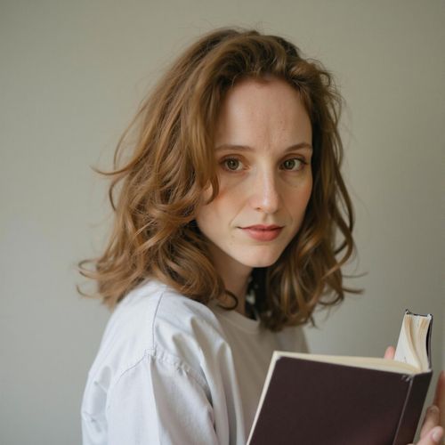 a photo of me WOMAN with a book subtly in hand, medium close-up, academic achiever yearbook photo. WOMAN looking intelligent and focused.