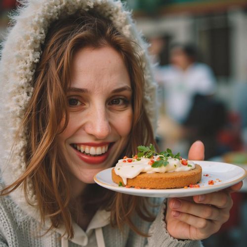 Showcase image for Cultural Immersion - Prompt: a photo of me WOMAN trying street food in a foreign city, close-up, with a look of delicious discovery. WOMAN looking happy.