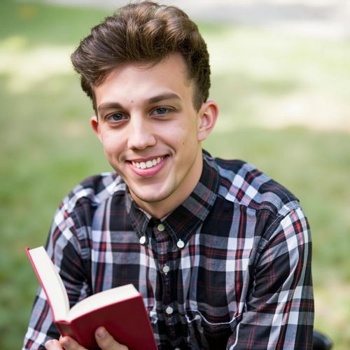 a photo of me MAN with a book subtly in hand, medium close-up, academic achiever yearbook photo. MAN looking intelligent and focused.