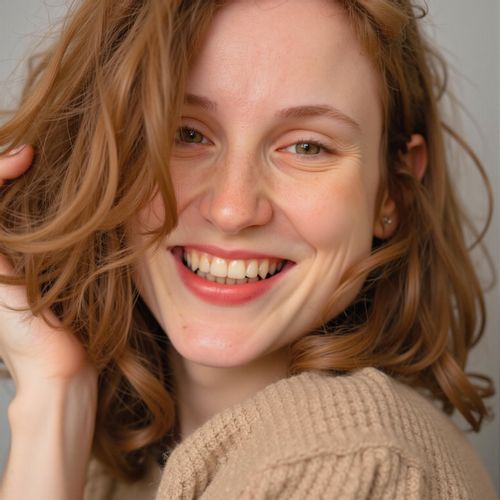 Showcase image for Yearbook - Prompt: a photo of me WOMAN with a big, genuine smile, close-up yearbook headshot, capturing a joyful expression. WOMAN eyes sparkling with happiness.