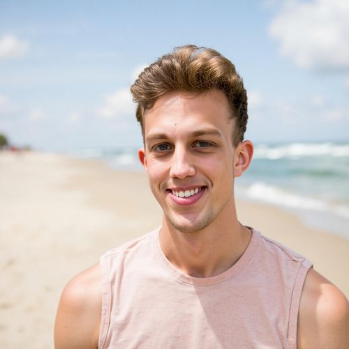 a photo of me MAN on a sunny beach, medium shot, candid laugh, looking approachable and fun, perfect for a dating profile. MAN looking slightly off-camera.
